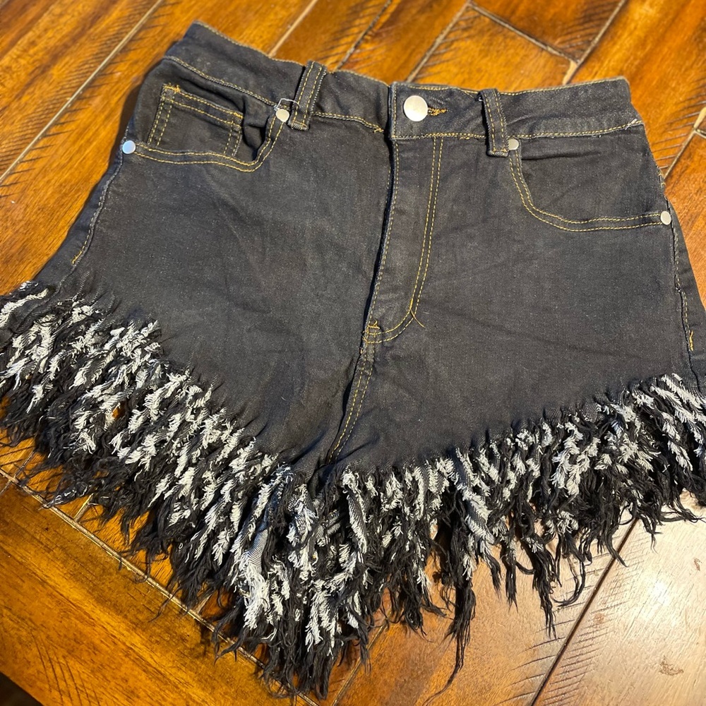 SHEIN Black High Waisted Fringe Denim Shorts M Distressed Festival